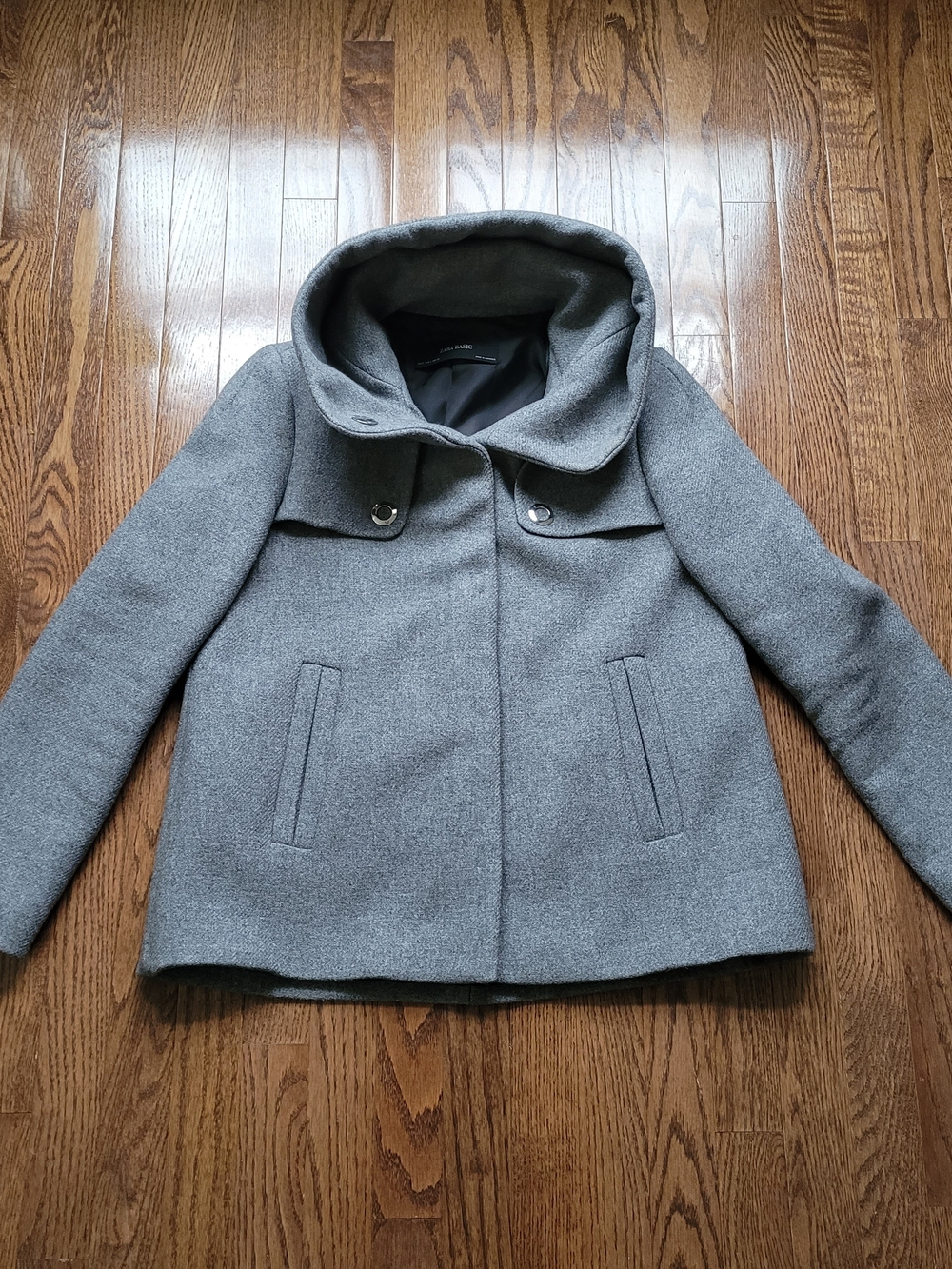 Zara Gray Hooded Short Coat with Snap-Flap Detail